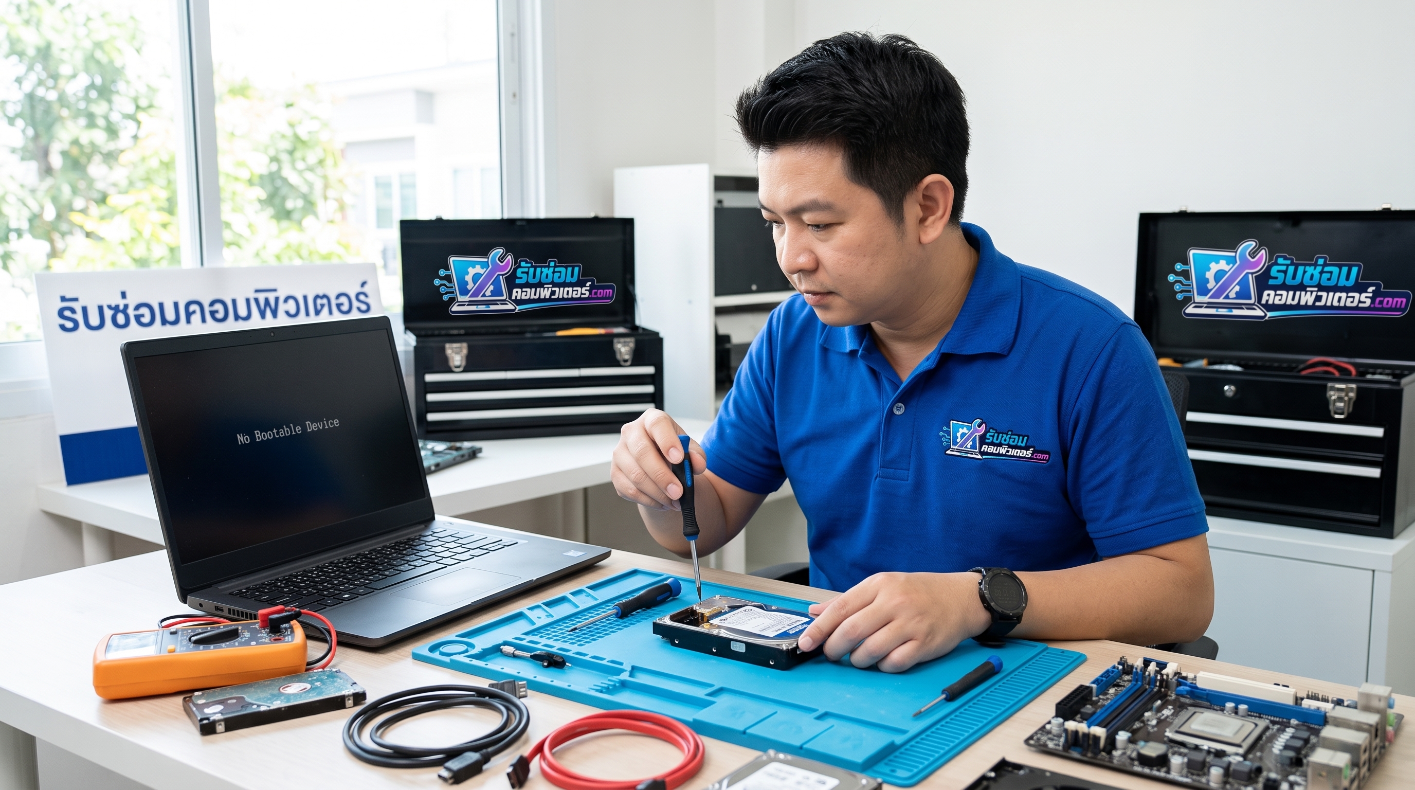 หน้าจอคอมพิวเตอร์แจ้งเตือนข้อผิดพลาด Windows ขึ้น No Bootable Device ตรวจสอบฮาร์ดดิสก์